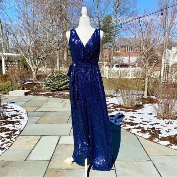 NWT BHLDN Sachin and Babi Somers Sequin Wide Leg Wedding Jumpsuit Party in Blue - Picture 3 of 17